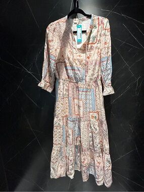 Skies are Blue Patchwork Print Midi Dress in Cream, Blue and Rust